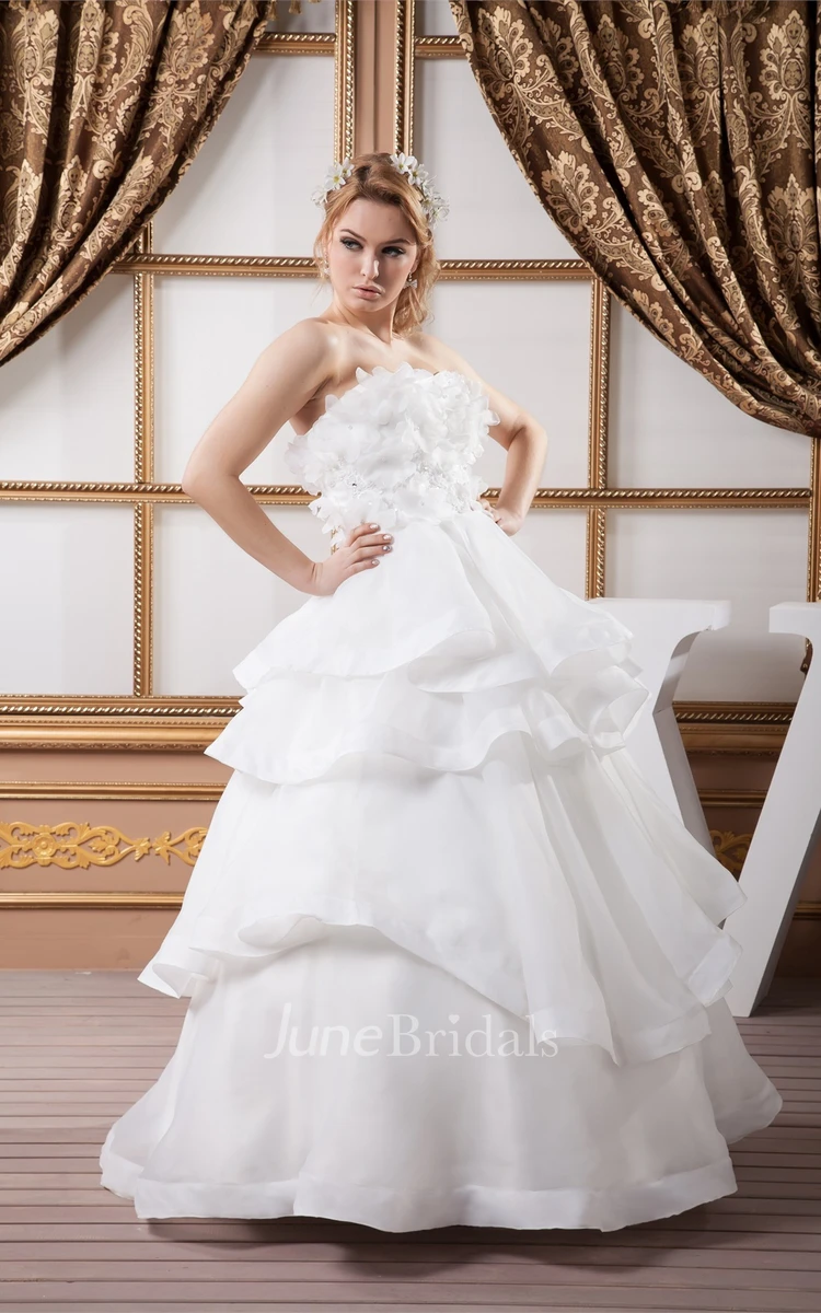 Strapless A-Line Tiered Ball Gown with Floral Top