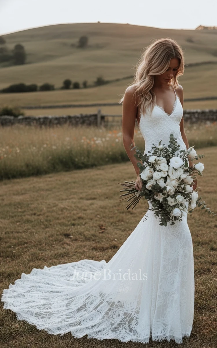 Country Boho Lace Barn Wedding Dress Sexy Spaghetti V-Neck Mermaid Bridal Gown