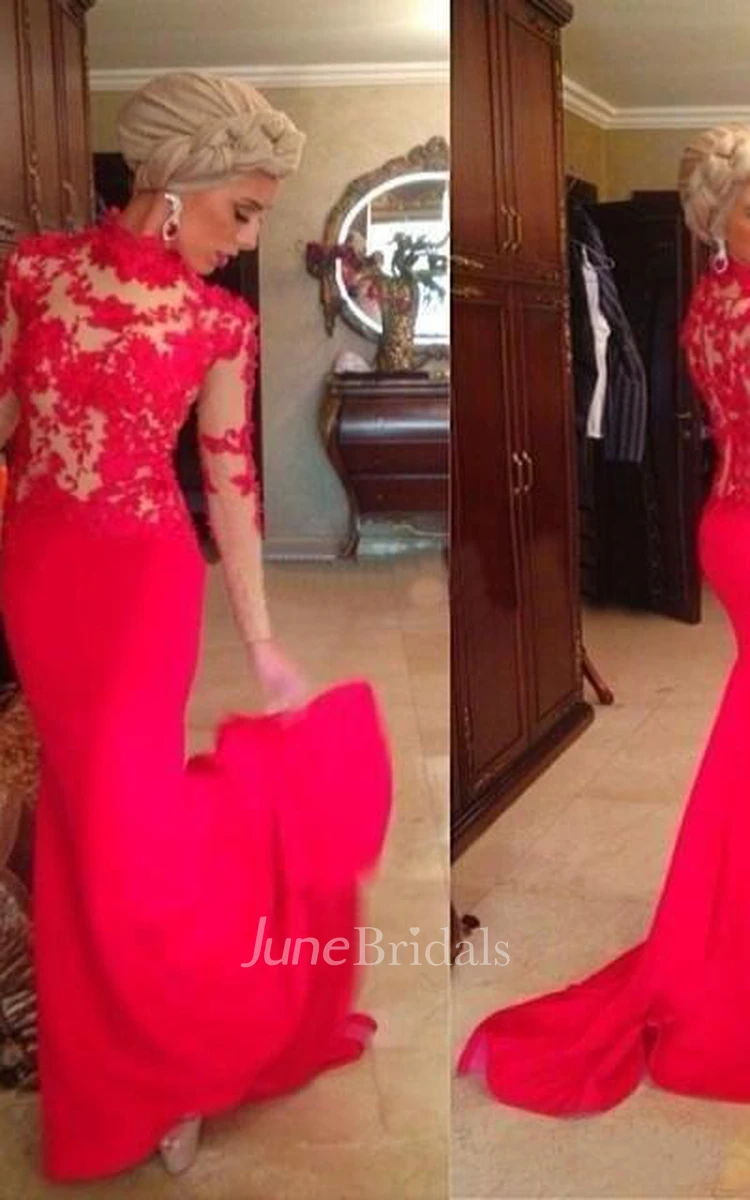 Red High Neck Mermaid Evening Dresses Long Sleeves Appliques Prom Dresses