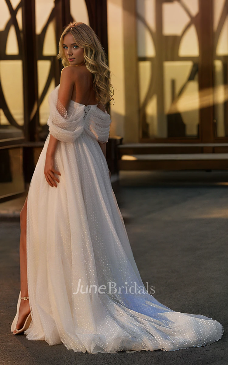 Vintage Romantic Off-the-shoulder A-Line Tulle Wedding Dress Simple Sexy Adorable Lace-up Back Floor-length Split Front Bridal Gown with Train