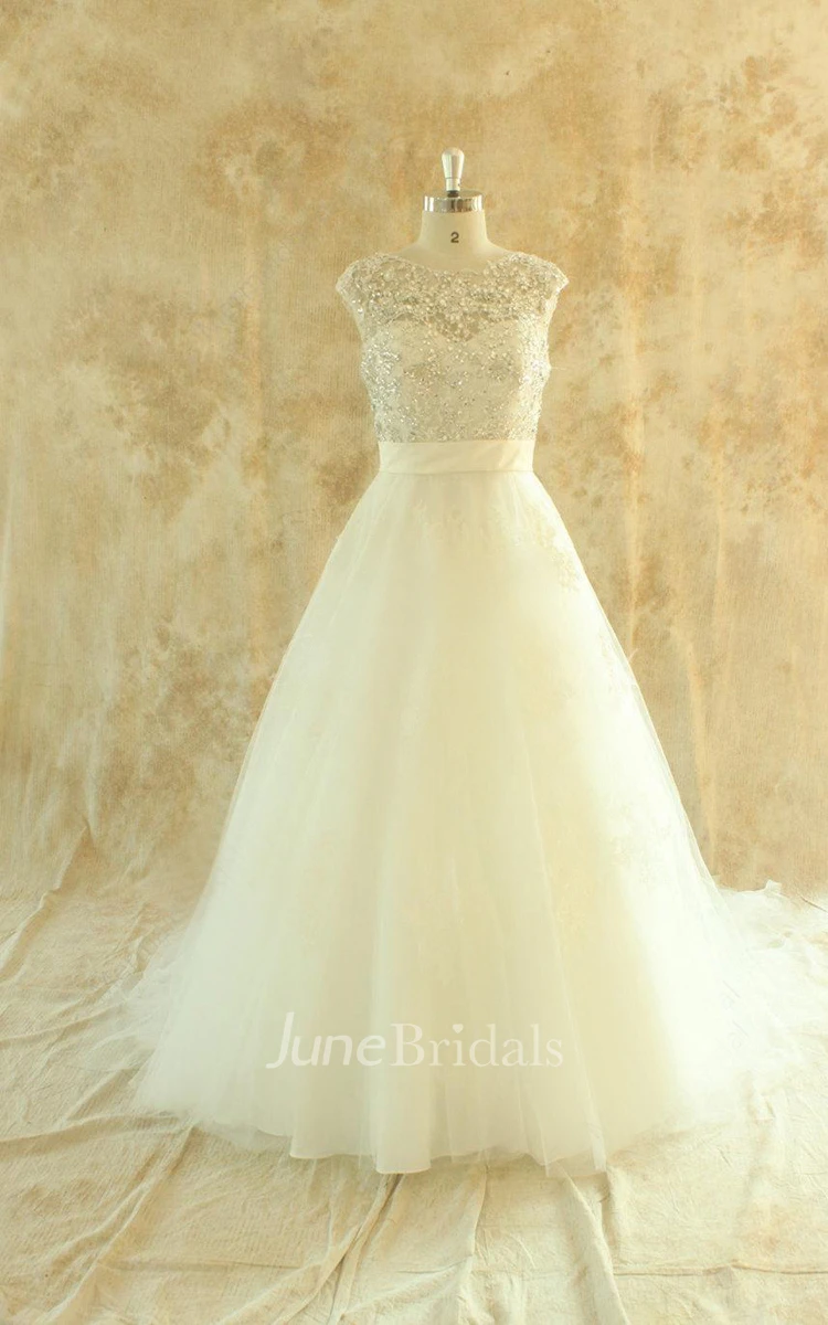 Jewel Cap Deep-V Back Long Tulle Wedding Dress With Sash And Sequins