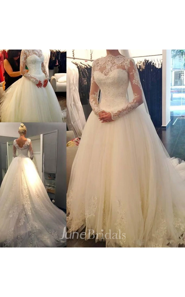 Glamorous High Neck Long Sleeve Tulle Wedding Dress With Beadings Lace Appliques