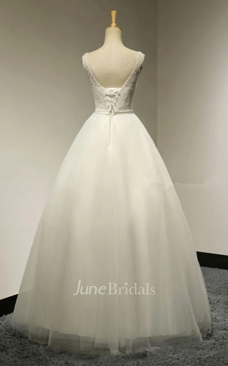 V-neck A-line Tulle Wedding Dress With Beaded Bodice