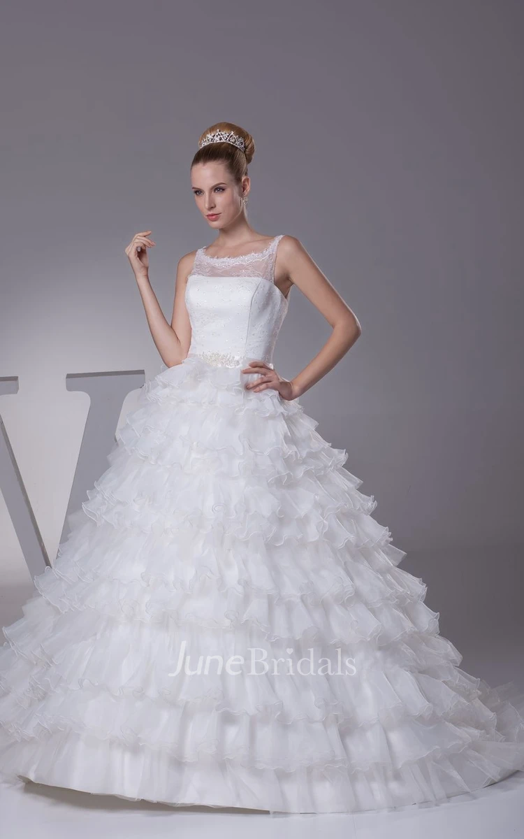 Square-Neck Appliqued A-Line Ball Gown Dress Tiers and Beaded Waist