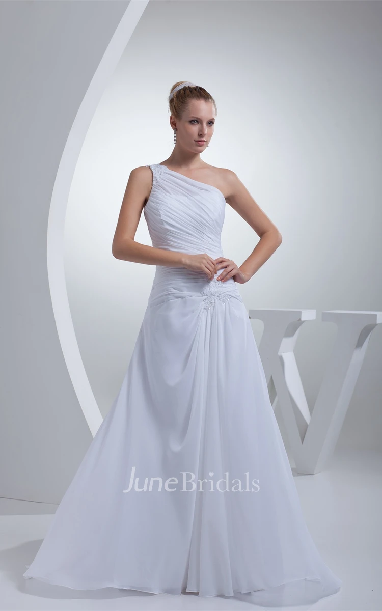 One-Shoulder Ruched Maxi Dress with Appliques and Brush Train