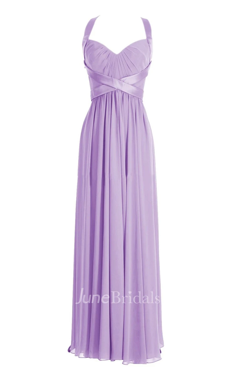 Halter Pleated Chiffon A-line Gown With Deep-v Back