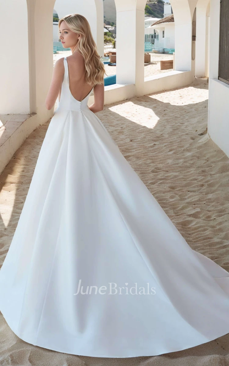 Summer Beach A-Line Square Neck Ball Gown Wedding Dress Modern Romantic Solid Wide Straps Sleeveless Backless Bridal Gown with Train