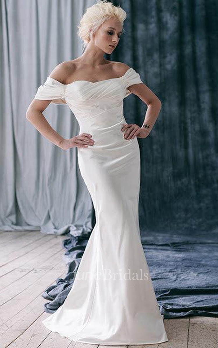 Off Shoulder Fit and Flare Satin Wedding Dress With Ruffles