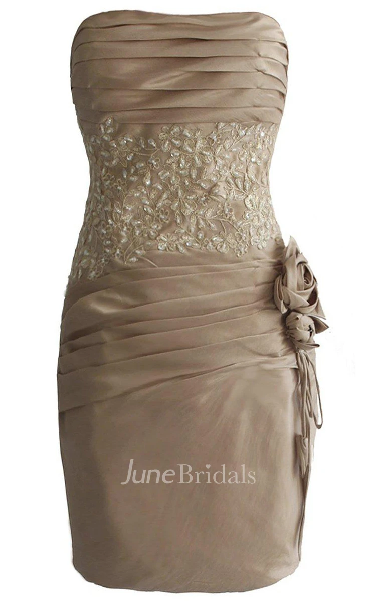 Strapless Sheath Ruched Dress With Sequins and Flower