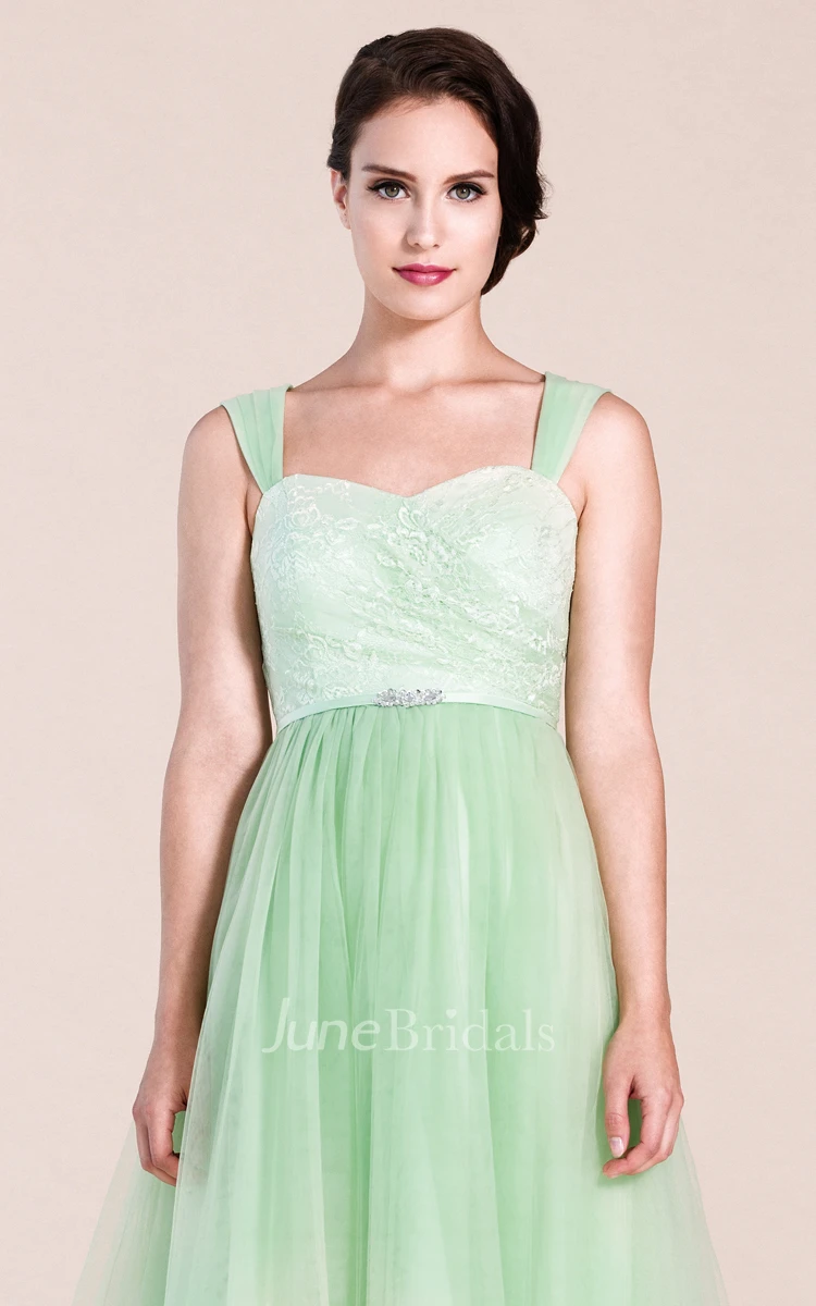 A-line Long Lace and Tulle Bridesmaid Dress
