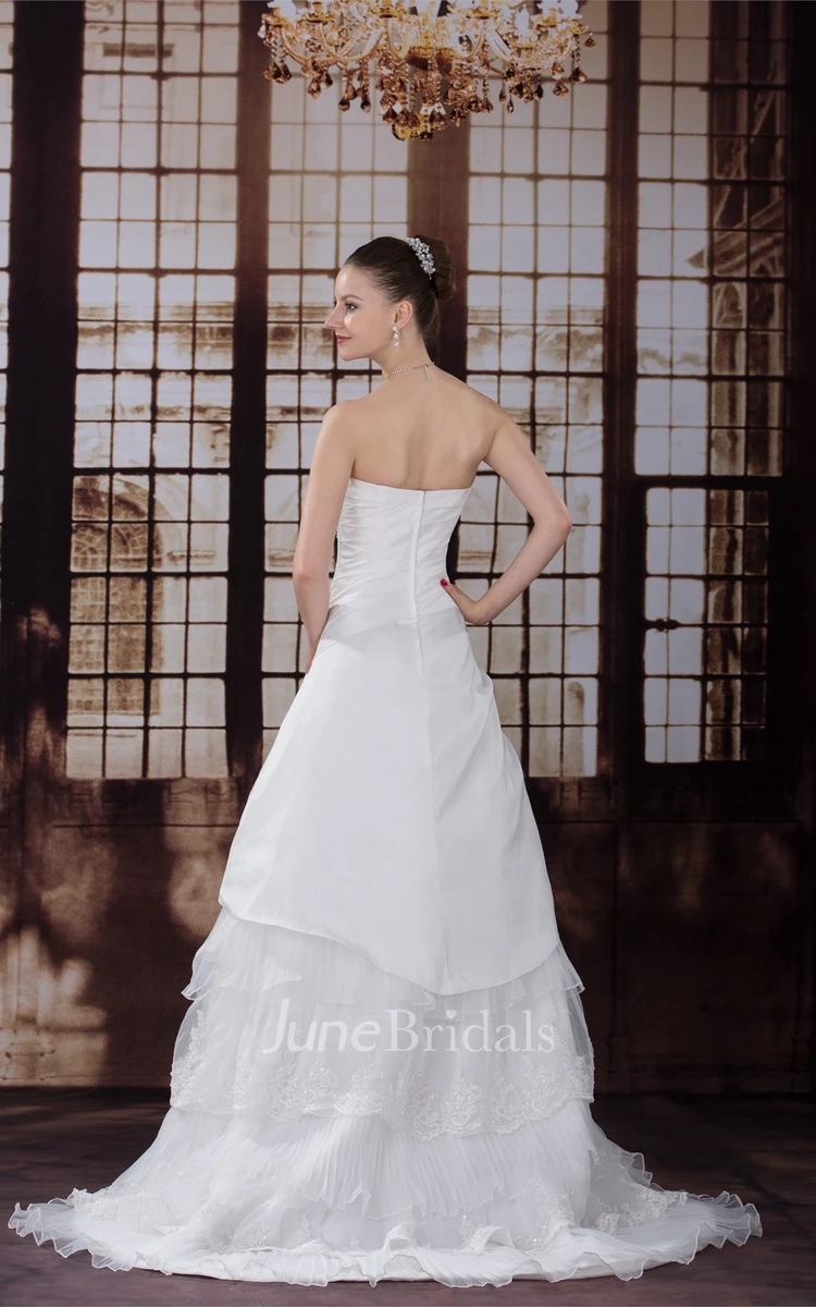 Graceful Beaded Scalloped Edge Strapless A-Line Dress with Tiered Ruffle and Flowers