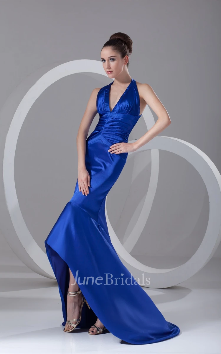 plunged high-low satin dress with brush train and ruched waist