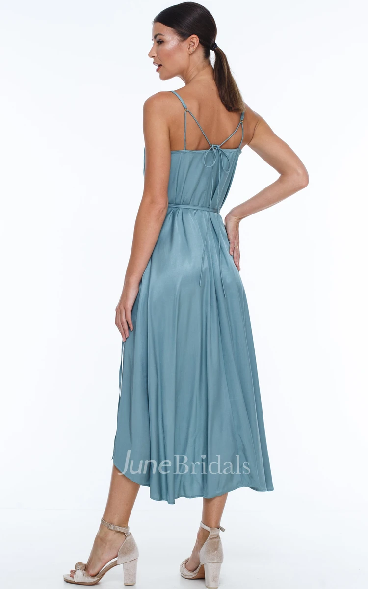 Simple Ethereal A-Line Spaghetti Charmeuse Bridesmaid Dress With Open Back And Sash