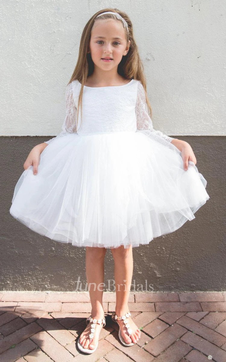 Illusion Long Sleeve Pleated Tulle Dress With Lace Bodice