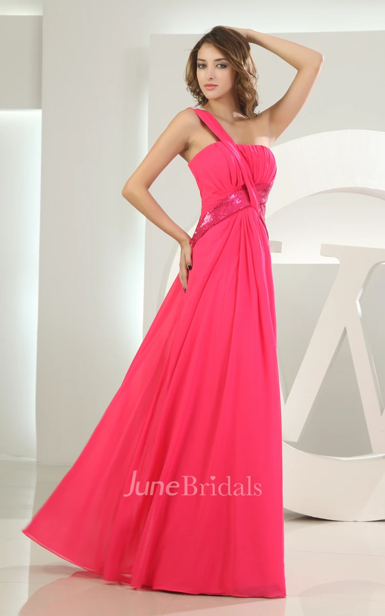 Sleeveless Chiffon Floor-Length Dress With Sequins and Single Strap