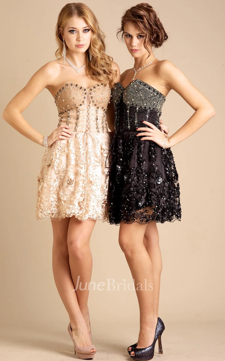 A Line Sleeveless Sweetheart Beaded Short Mini Prom Dress With Appliques