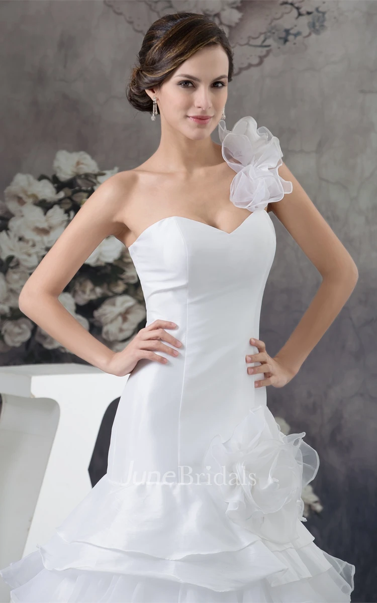 One-Shoulder Sweetheart A-Line Gown with Flower and Tiers