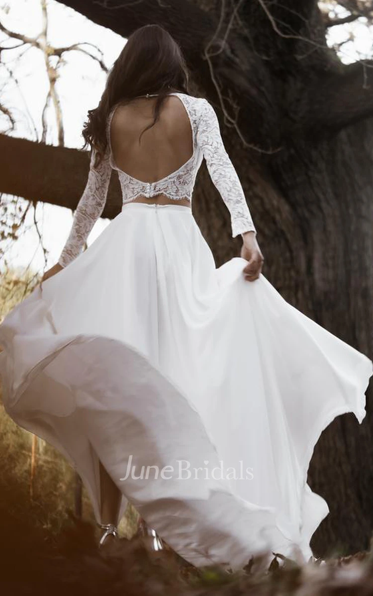 Casual Chiffon Lace Bateau Two Piece Long Sleeve Wedding Dress with Split Front and Keyhole