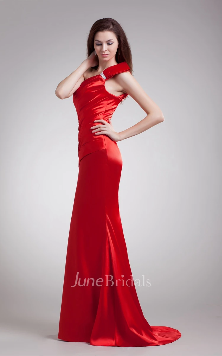 satin sheath one-shoulder dress with ruched bodice