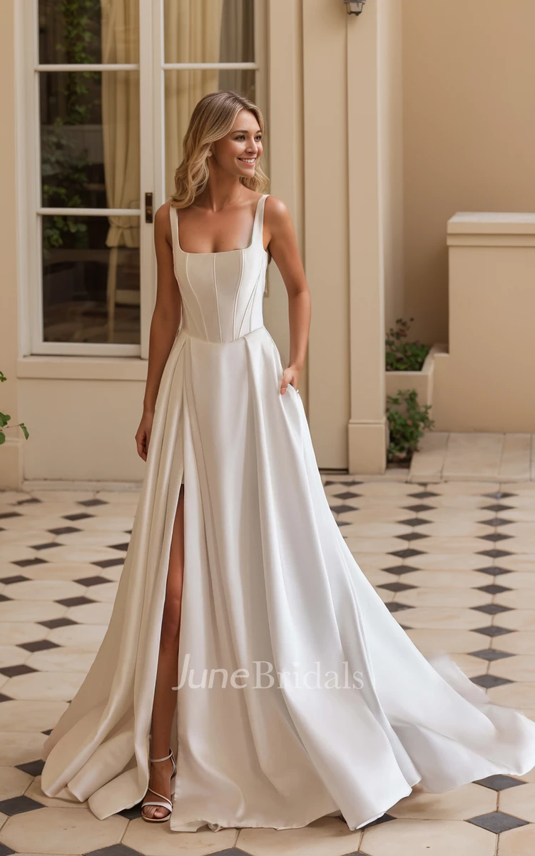 Simple Modest Square Neckline A-Line Wedding Dress with Pocket Elegant Formal Wide Spaghetti Strap Split Front Court Train Bridal Gown