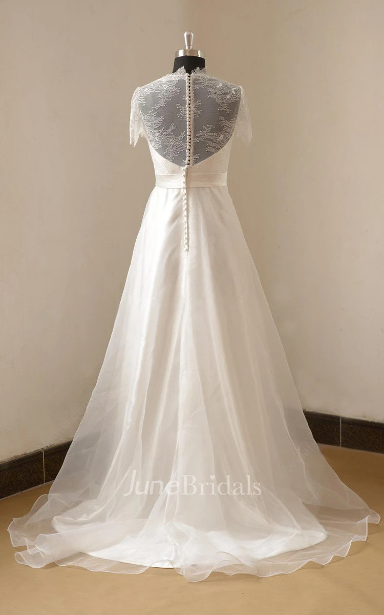 V-Neck Organza Long A-Line Wedding Dress With Beading Sash