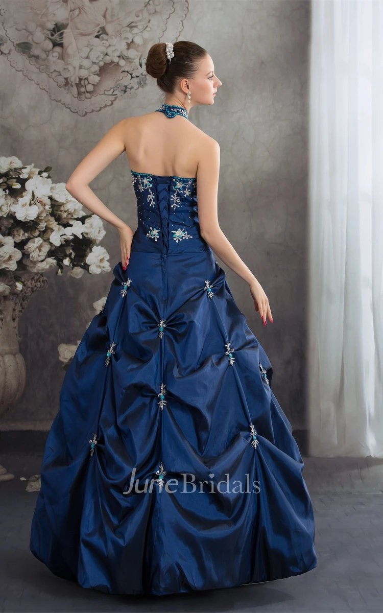 Plunged Pick-Up Ball Gown with Buckle and Crystal Detailing