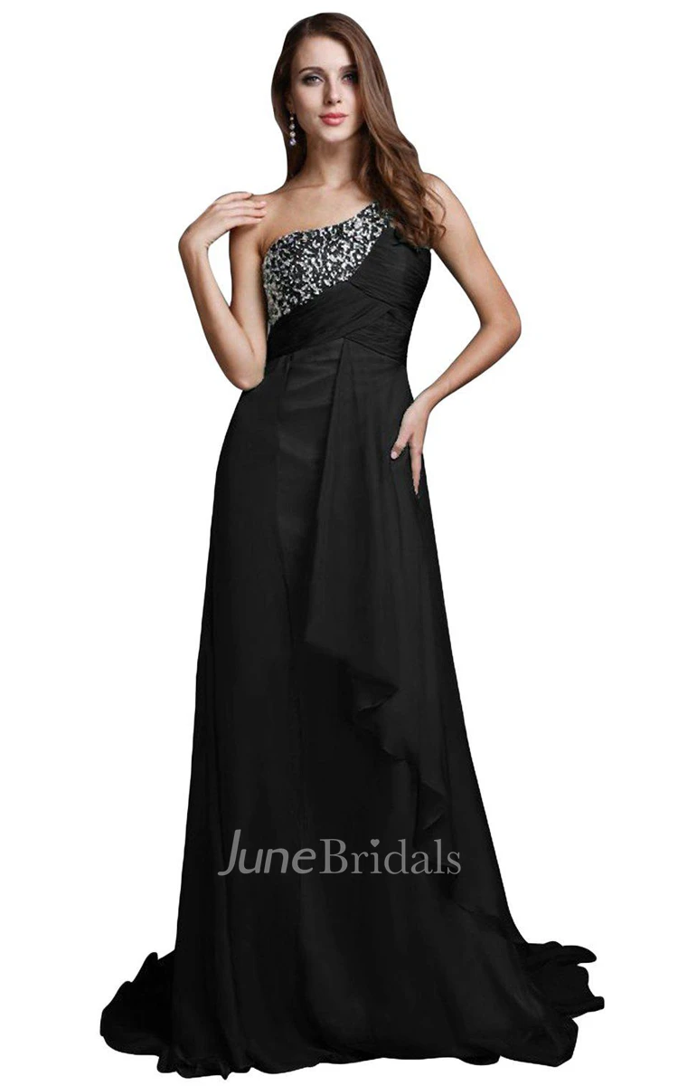 One-shoulder A-line Ruffled Sequined Chiffon Dress