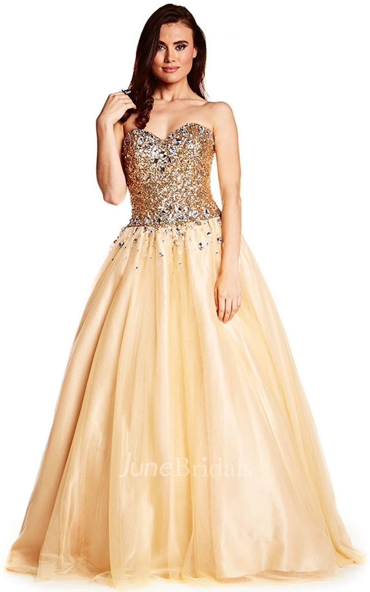 Ball Gown Sweetheart Sequined Sleeveless Tulle Prom Dress