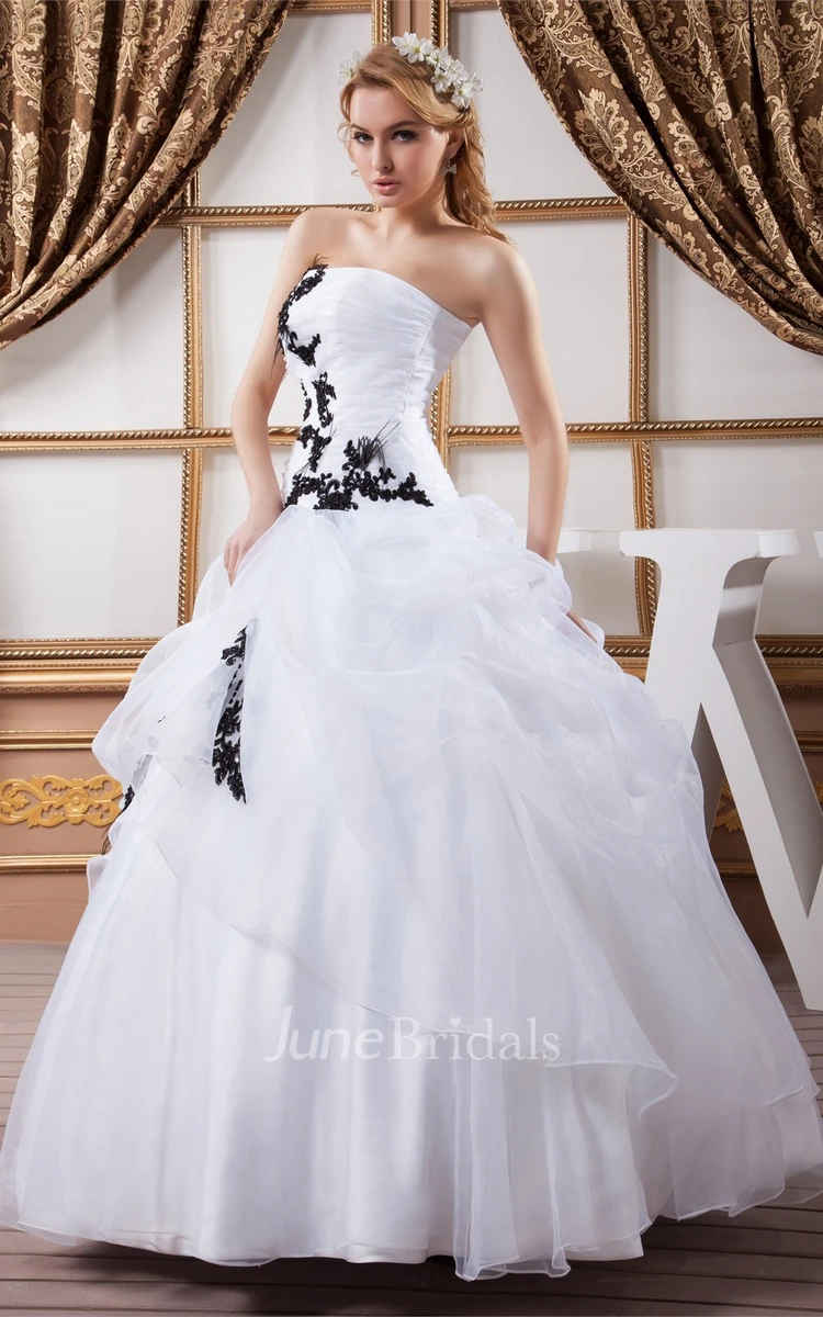 Strapless Ruffled Ball Gown with Appliques and Pleats