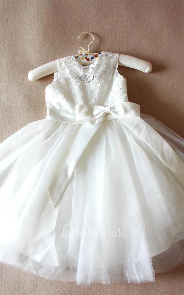Floor-length Tulle&Lace Dress With Bow&Flower