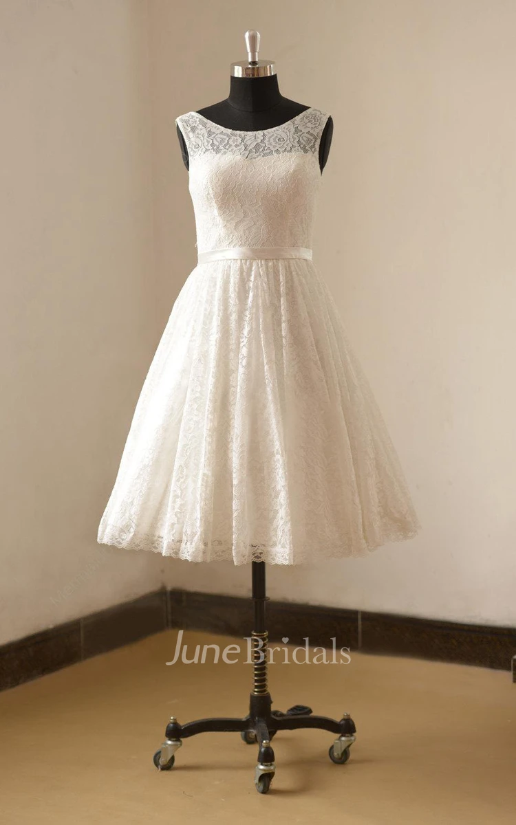Bateau Neck Sleeveless Tea-Length Lace Wedding Dress With Satin Sash