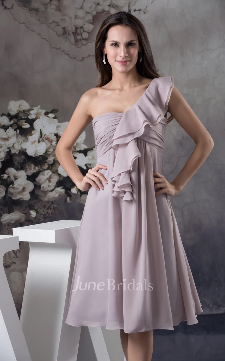 One-Shoulder Empire Midi Chiffon Dress with Ruching and Draping