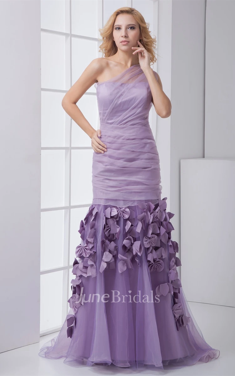 One-Shoulder Tulle Column Dress with Ruching and Flower