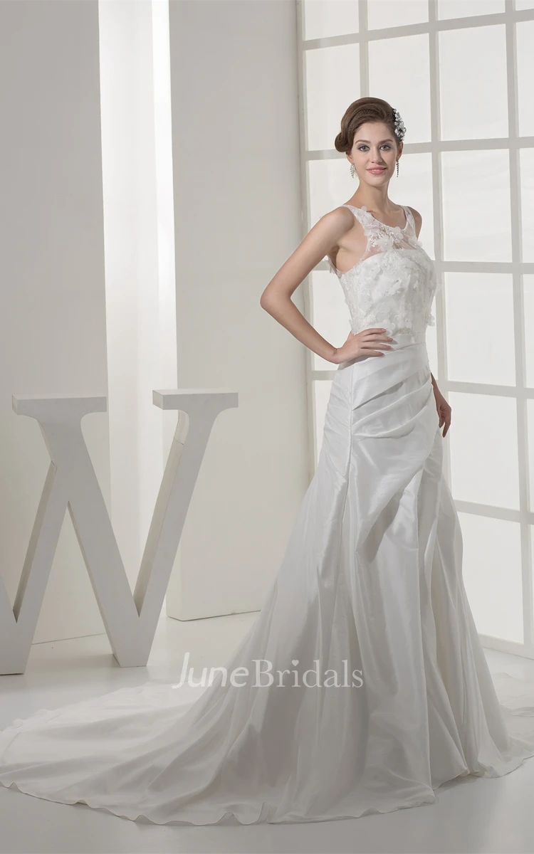 Floral Sleeveless A-Line Appliqued Gown with Draping and Illusion Neckline