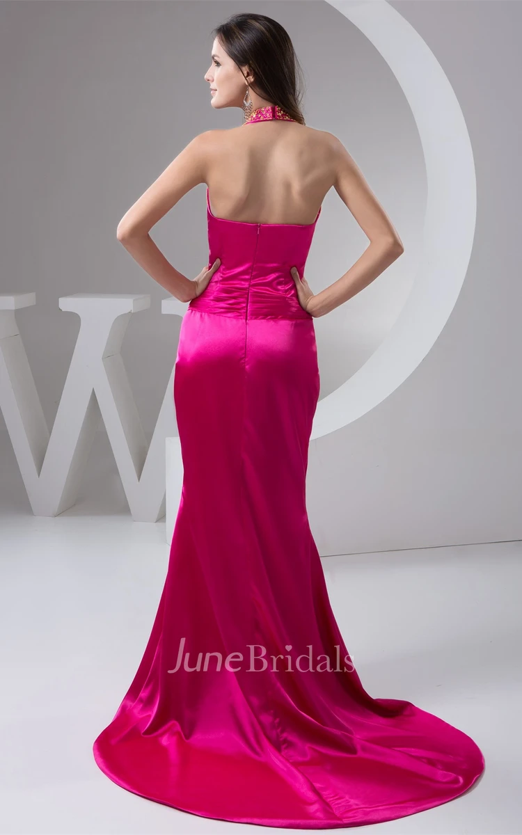 Satin Plunged Front-Split Gown with Broach and Beading