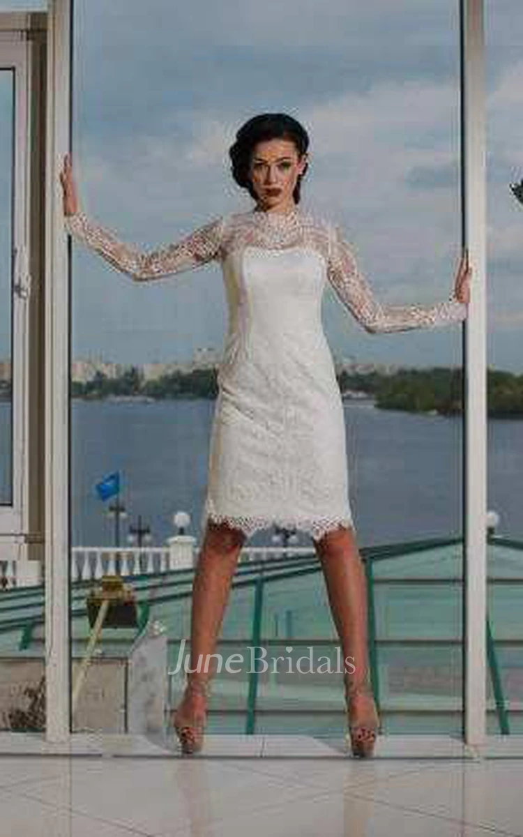 Lace Jewel-Neck Illusion Long Sleeve Short Wedding Dress