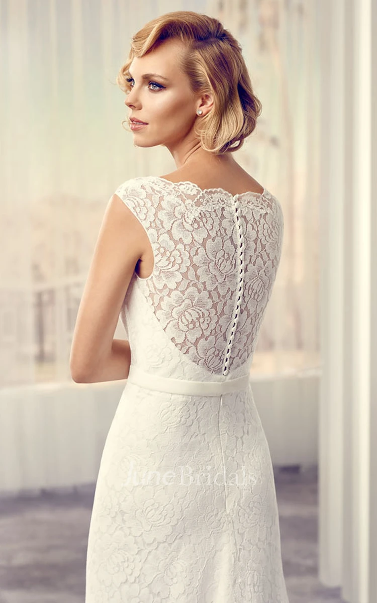 Long V-Neck Jeweled Lace Wedding Dress With Sweep Train And Illusion