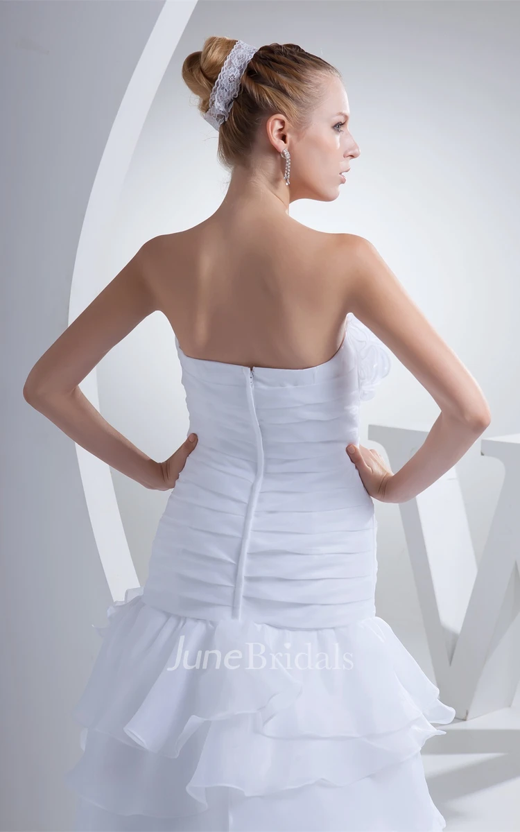 Strapless Ruched A-Line Dress with Tiers and Flower