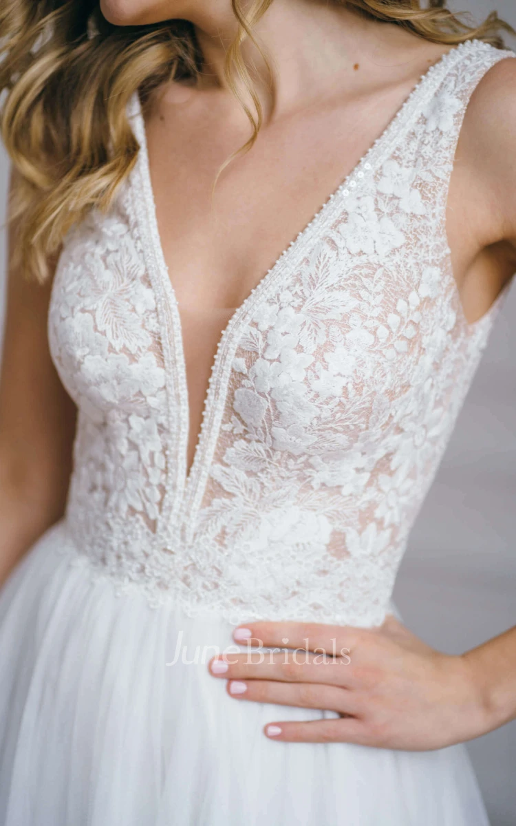 Ethereal Floor-length Train Sleeveless Lace A Line Open Back Wedding Dress
