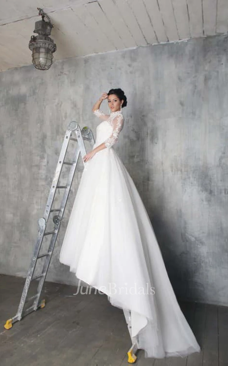 Ball Gown Long High-Neck 3-4-Sleeve Illusion Tulle Dress With Appliques