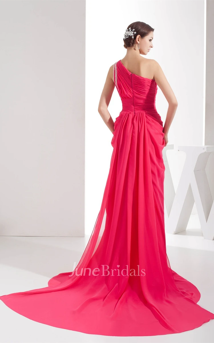 One-Shoulder Chiffon Beaded Dress with Central Ruching and Brush Train