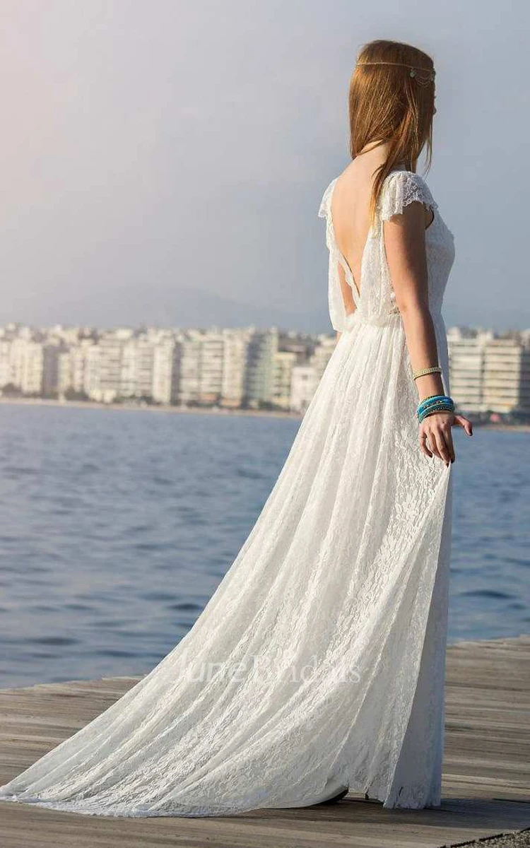 Appliques Lace Backless Wedding Dress