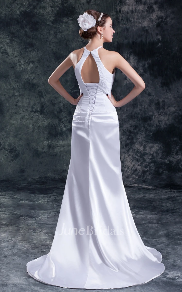 high-neck satin mermaid sleeveless dress with keyhole back and beading