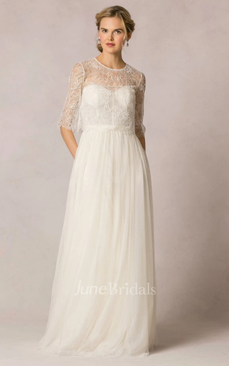 Sheath Lace Half-Sleeve Long Scoop-Neck Tulle Wedding Dress
