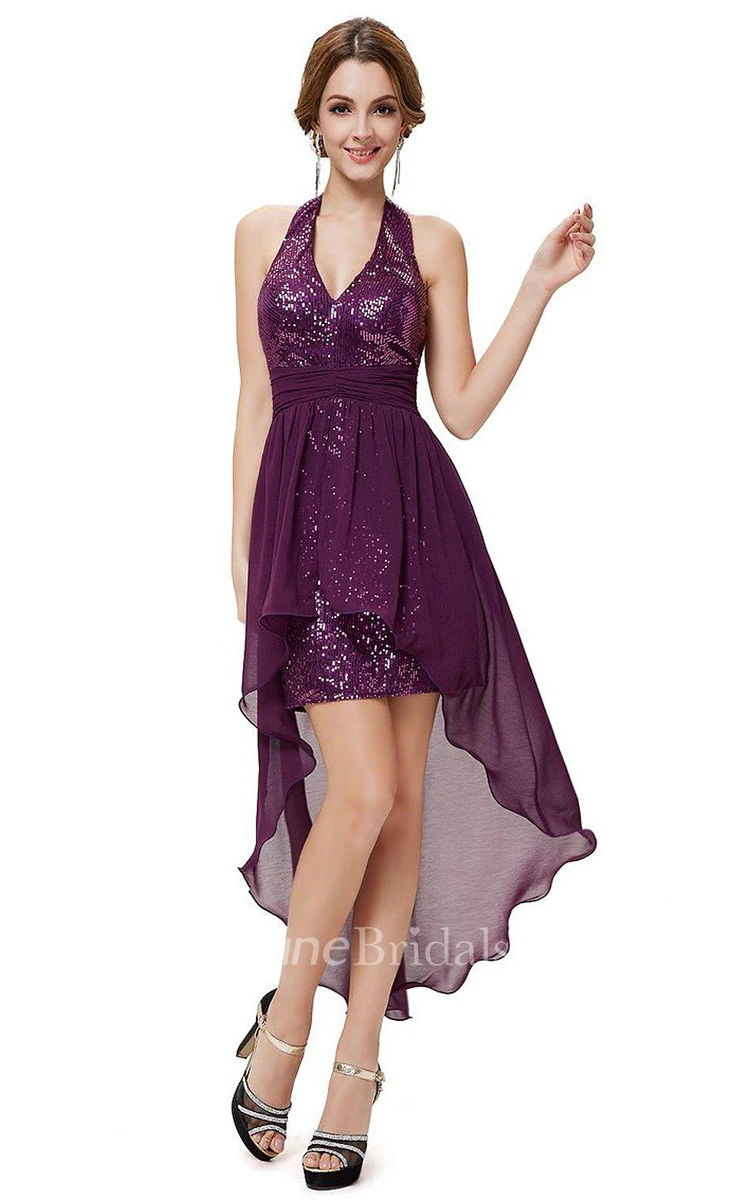 Halter Sequined Short Dress With Chiffon Overlay