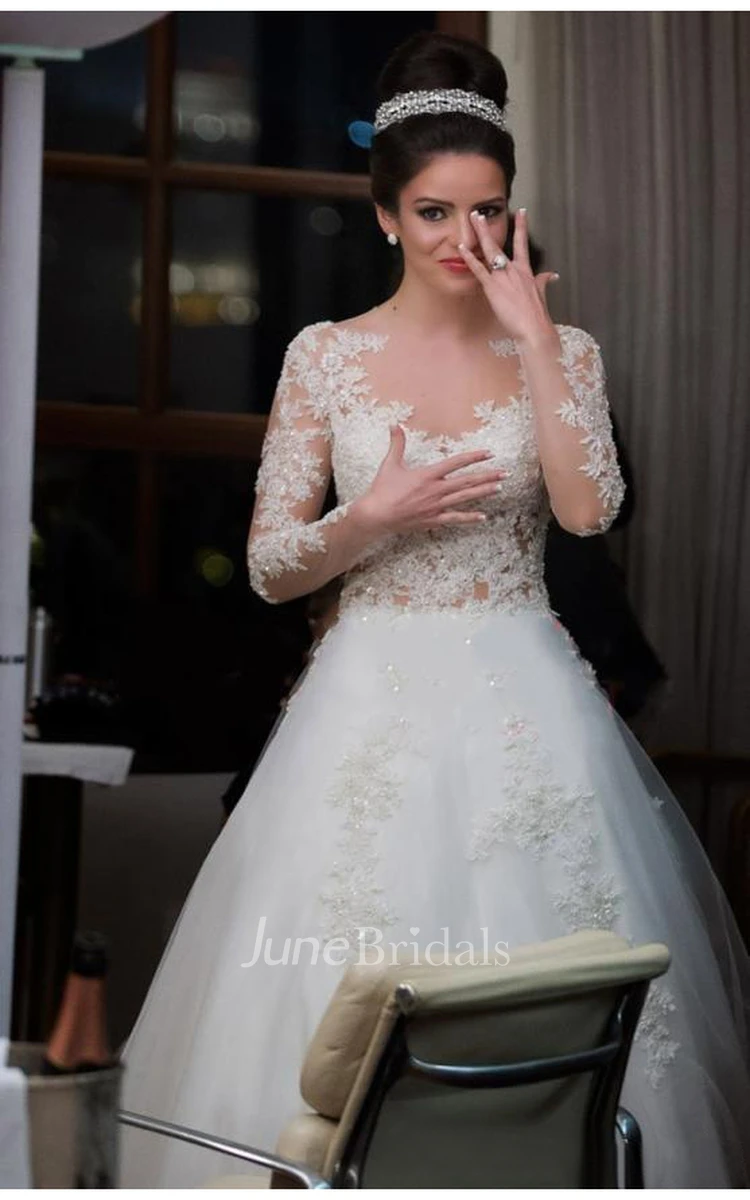 Beautiful Bateau Neckline A-line Tulle Dress With Lace Long Sleeve