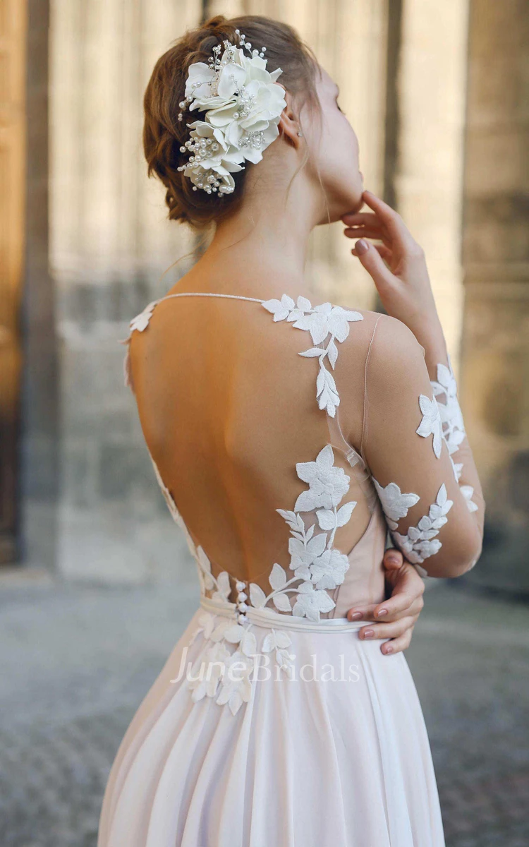 Bateau Illusion Long Sleeve Appliqued A-Line Chiffon Wedding Dress