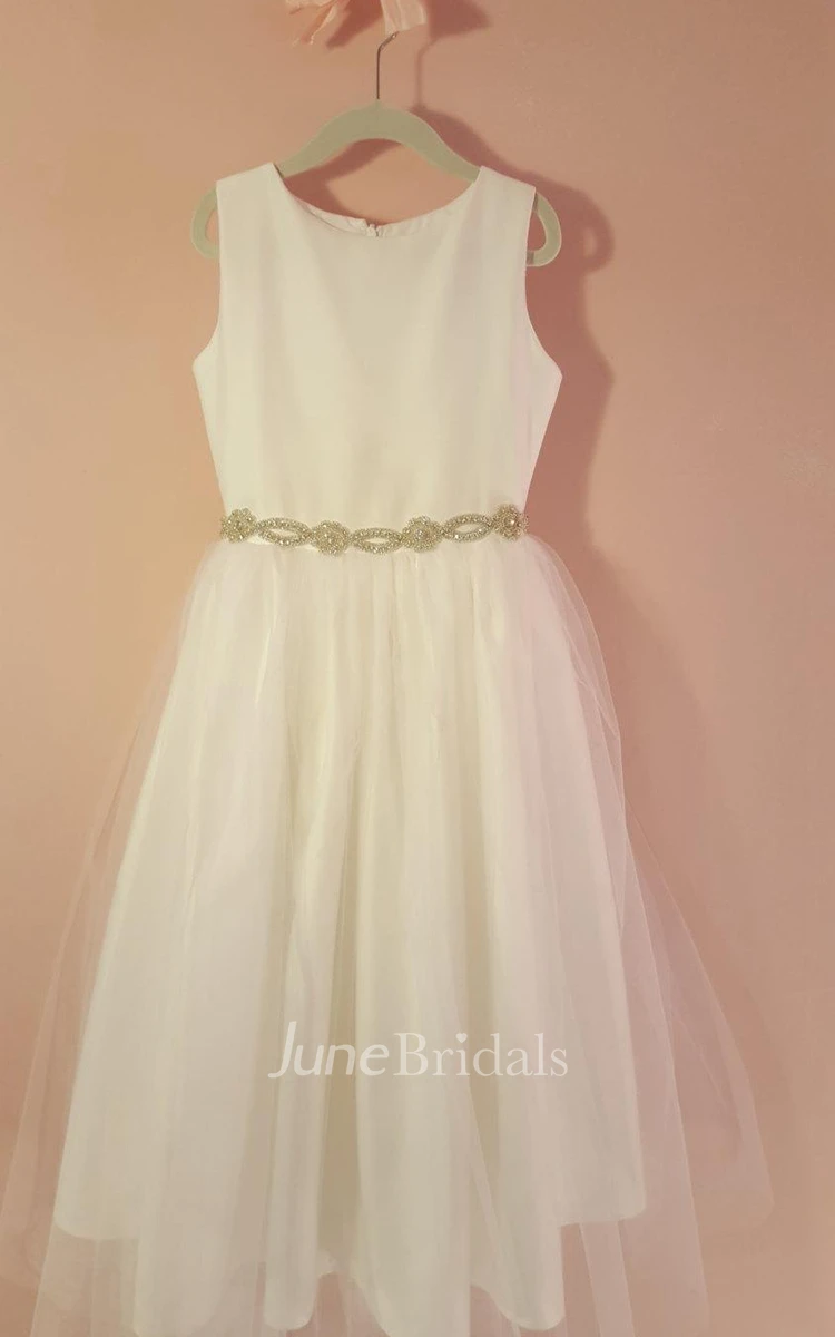 Simple Sleeveless Jewel Neck Beaded Waistline A-line Tulle Dress With Pleated and Zipper Back