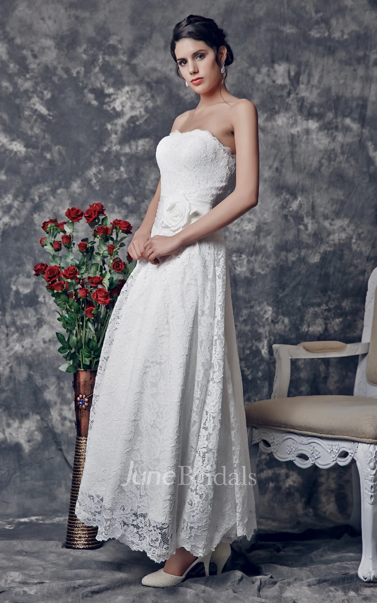 Elegant Sweetheart Tea Length Lace Dress With Flower