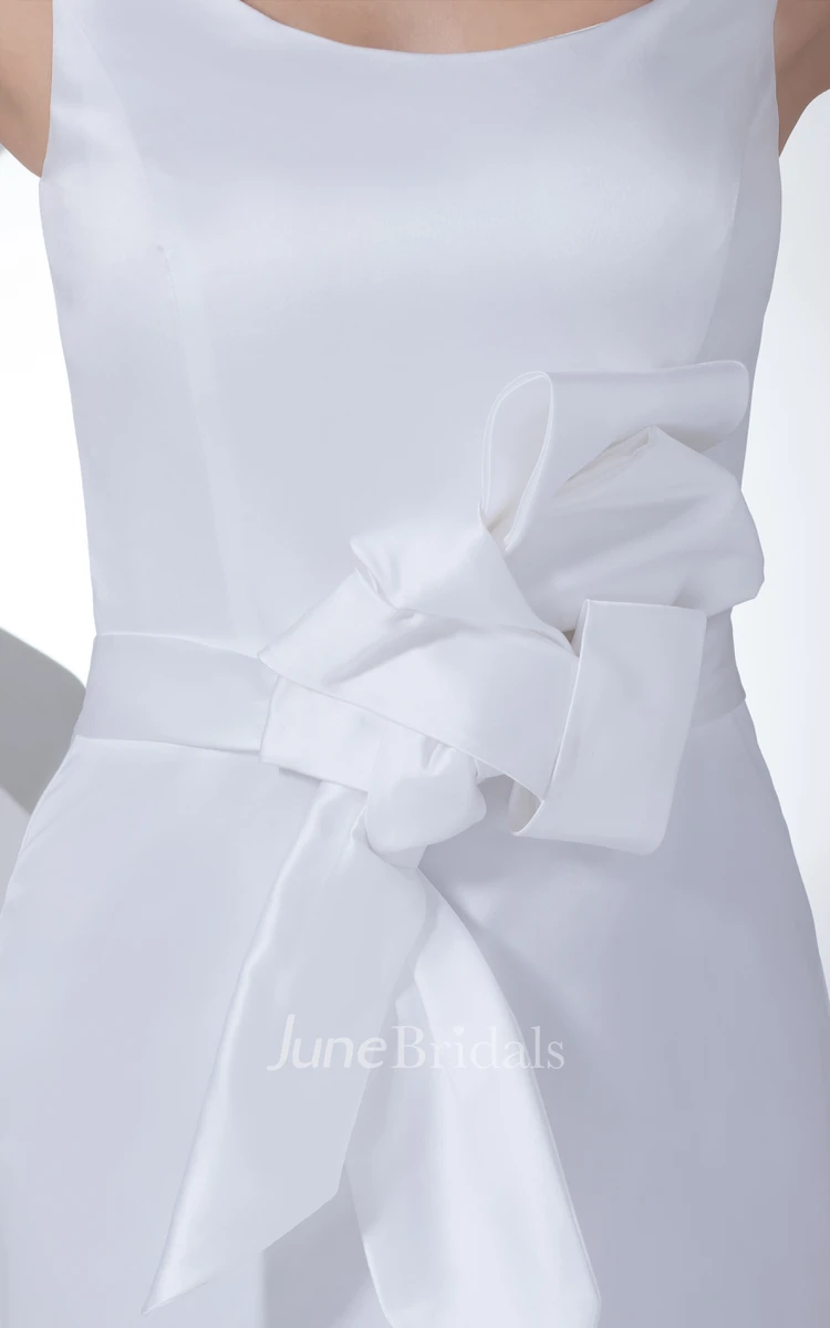 Caped-Sleeve Square-Neck Satin Dress With Bow and Brush Train